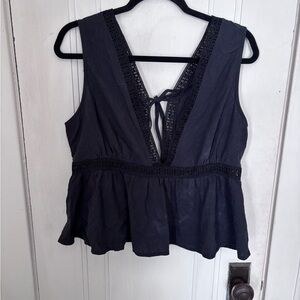Black Sleeveless tie back or front Top with Lace Trim
